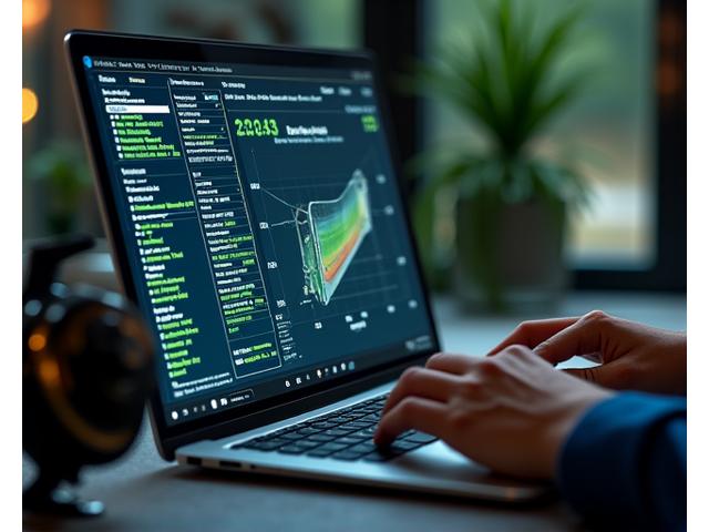 Ein Experte, der an einem Laptop detaillierte technische Produktdaten von Angelgeräten analysiert, mit Diagrammen und Spezifikationen auf dem Bildschirm. Im Hintergrund sind Angelruten leicht unscharf zu sehen.