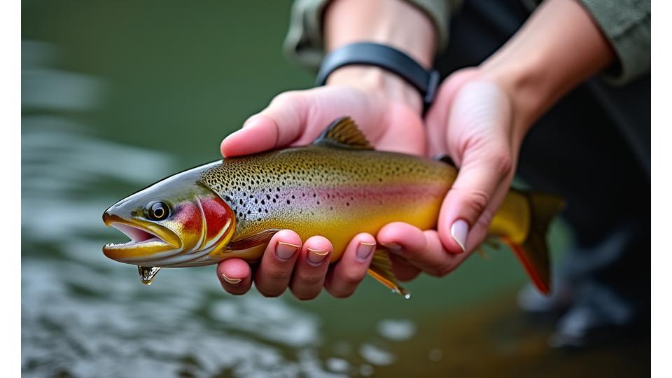 Detailaufnahme einer Forelle, die vorsichtig ins Wasser zurückgesetzt wird, Hand im Vordergrund, Fisch im Rückwärtsgriff.