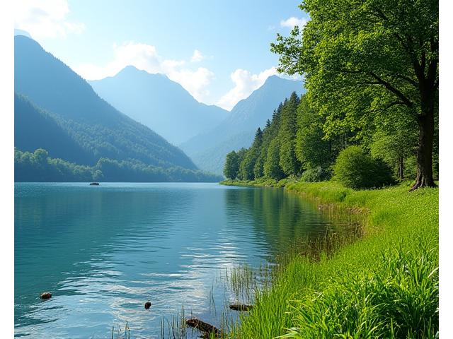 Der Lungernsee, ufernah mit üppiger Vegetation und klarem Wasser, im Kanton Obwalden gelegen.