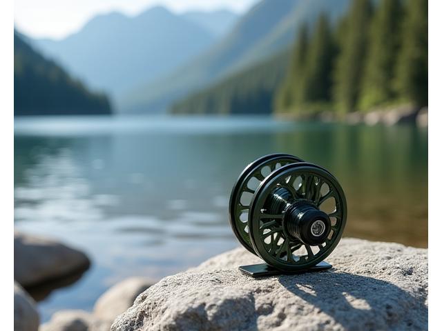 Detailaufnahme einer Ultra-Light-Spinnrute mit Micro-Rolle, perfekt ausbalanciert auf einem Felsen am Seeufer.