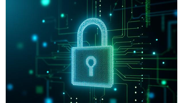 Ein abstraktes digitales Schloss, das von blauen und grünen Lichtwellen umgeben ist, symbolisiert sichere Datenübertragung und Schutzmaßnahmen.