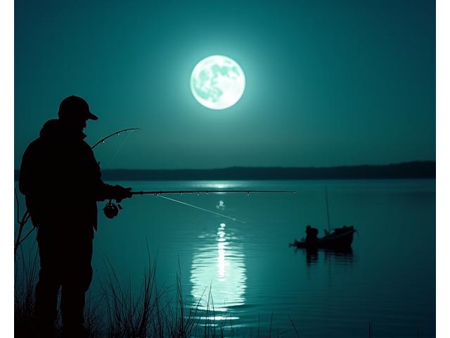 Angler fängt Zander bei Nacht im Mondlicht, beleuchtet von einer Stirnlampe.