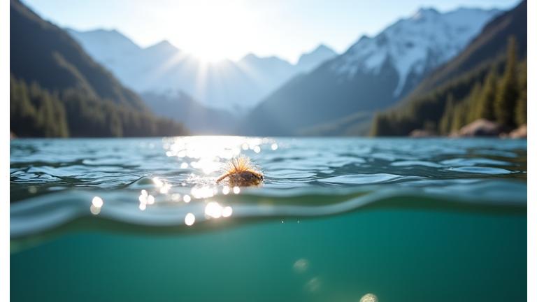 Angeln in einem Bergsee mit klarem Wasser