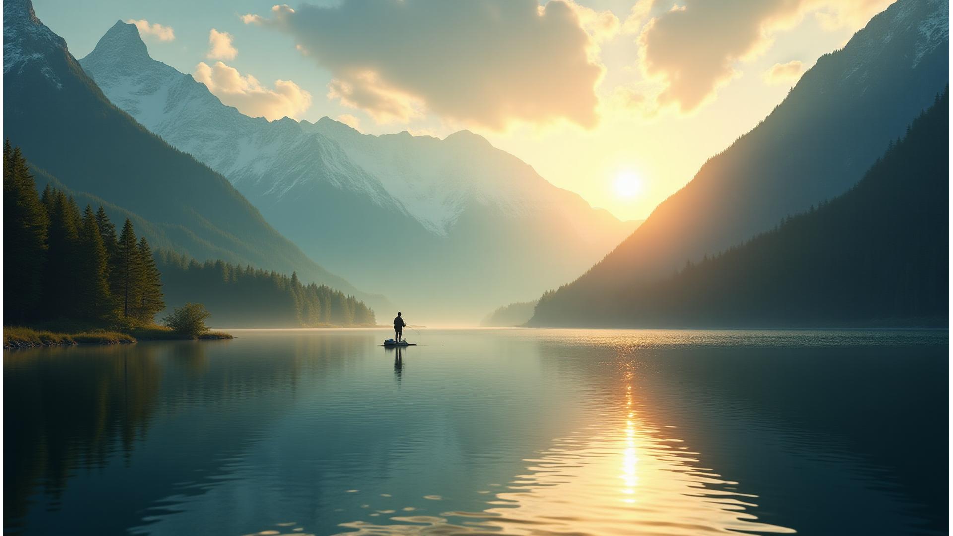 Angler fängt Fisch in kristallklarem Alpenbergsee bei Sonnenaufgang