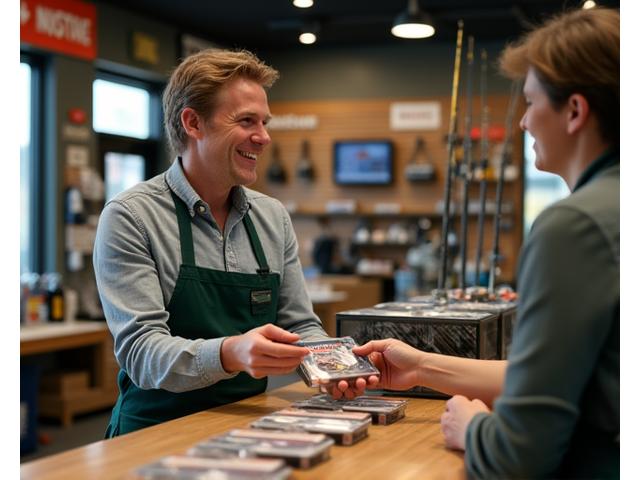Ein Kunde freudig an der 'Click & Collect' Abholtheke im AlpenAngler Outfitters Geschäft, hält eine frisch verpackte Angelausrüstung in den Händen. Der Hintergrund zeigt eine gut sortierte Produktwand.