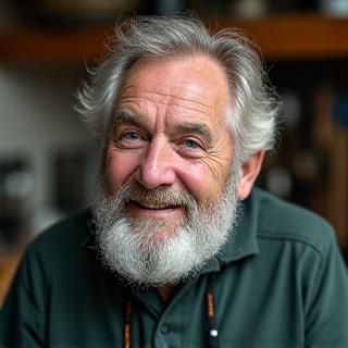 Porträt von Lorenz Meier, einem älteren, erfahrenen Mann mit Bart, der als Manufakturleiter für Köder und Haken berät.