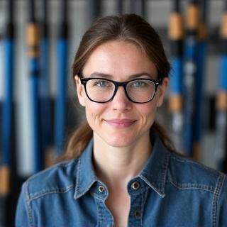 Porträt von Sophie Baumgartner, einer jungen, dynamischen Frau mit Brille und einem neugierigen Blick, die auf Angelruten spezialisiert ist.