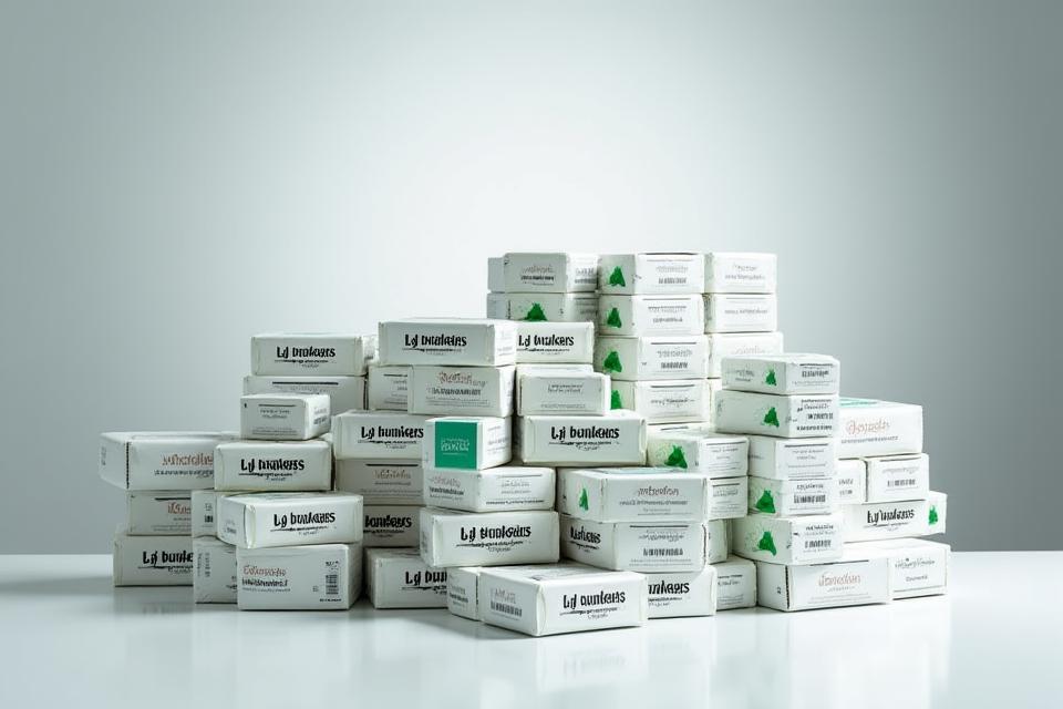 Gestapelte, brandneutrale Angelschnurbunde und Köderboxen, die White-Label- und OEM-Lösungen von AlpenAngler symbolisieren, mit einem Fokus auf B2B-Möglichkeiten.