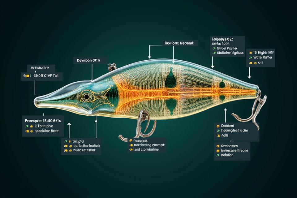 Technische Diagramme eines AlpenAngler Crankbaits, die die innere Gewichtsverteilung, Rasselkammern und Strömungsdynamik für optimierte Laufaktion zeigen.