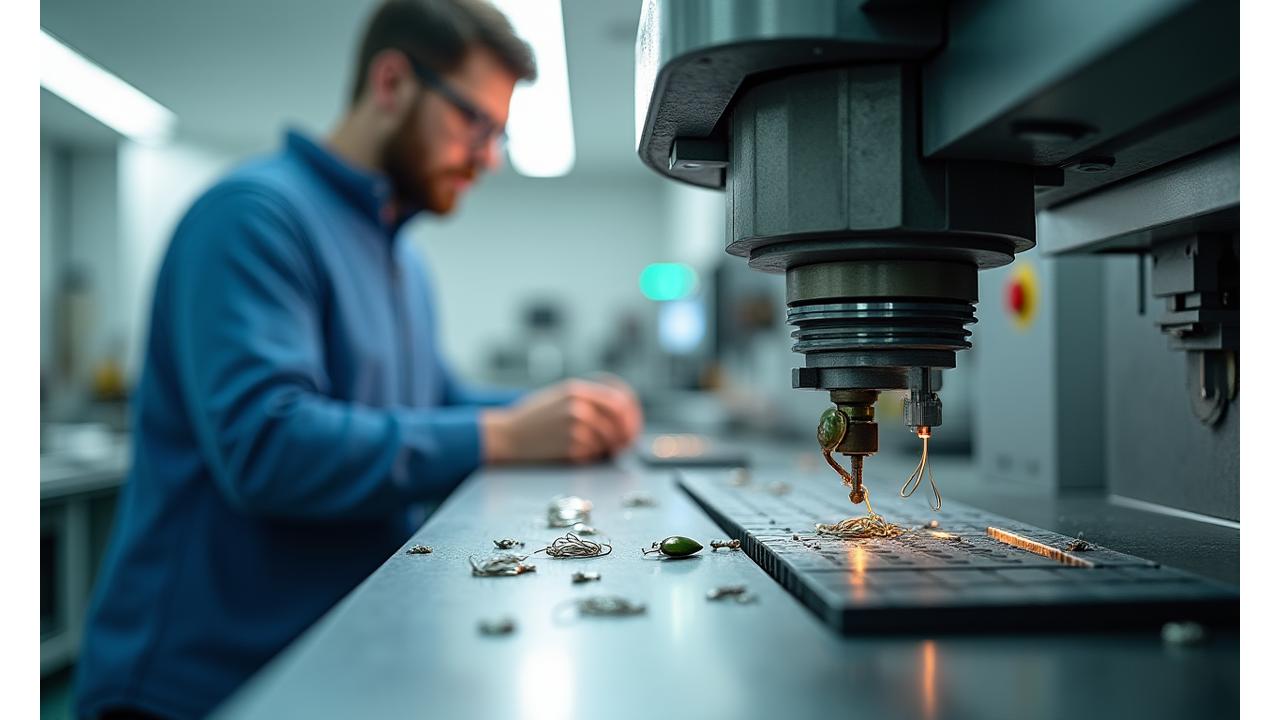 Einblick in die Crankbait-Produktionsstätte von AlpenAngler in Luzern, Schweiz, mit präzisen Maschinen und einem Mitarbeiter bei der Qualitätskontrolle.