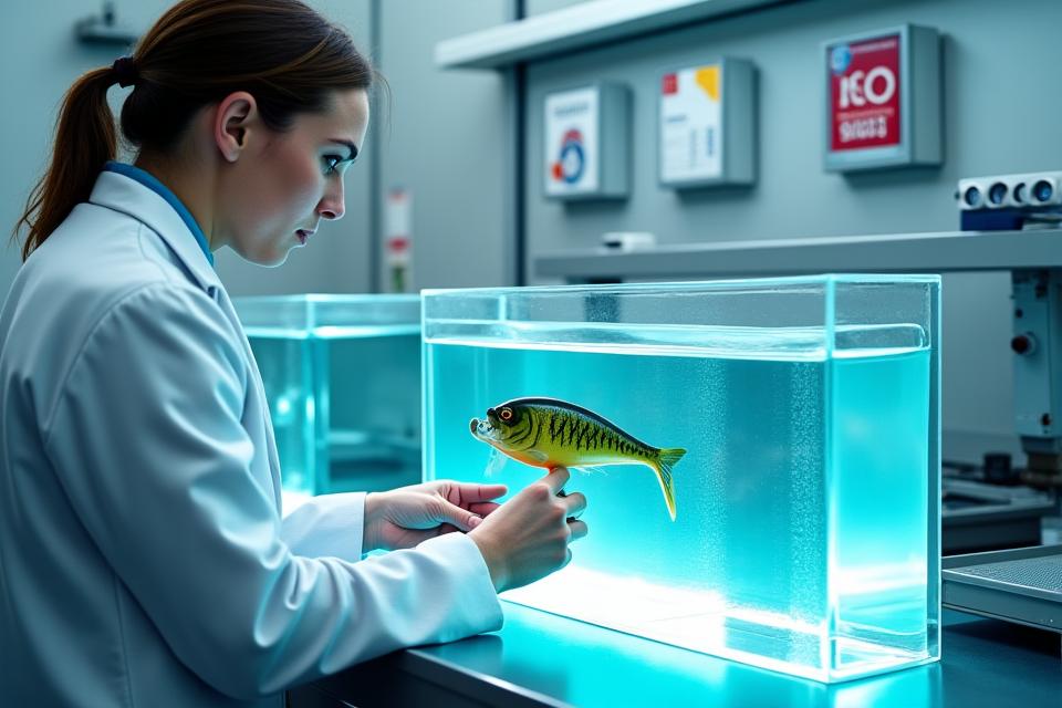 Ein AlpenAngler Mitarbeiter prüft einen Crankbait in einem klaren Testbecken, mit einer ISO 9001 Zertifizierungsplakette im Hintergrund, symbolisiert Qualitätssicherung.