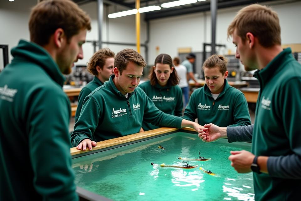 Eine Gruppe von Anglern, die in der blitzsauberen AlpenAngler Manufaktur stehen, während ein Experte die Köderherstellung demonstriert, mit Blick auf die Maschinen und den Testtank.