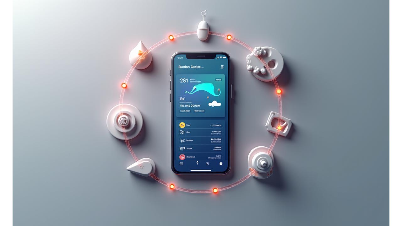 Ein Smartphone, auf dem verschiedene Angel-Apps angezeigt werden, umgeben von Icons, die Konnektivität und unterschiedliche Funktionen symbolisieren