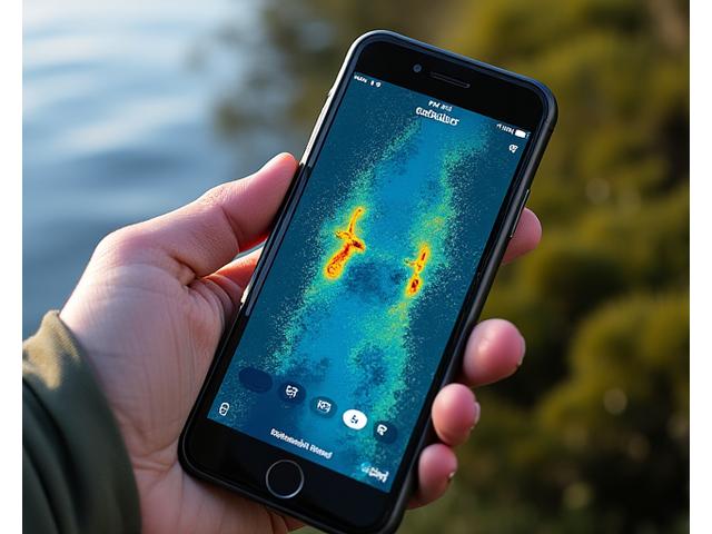 Nahaufnahme eines Smartphones mit einer Echolot-App, die Fischschwärme und Gewässerstrukturen anzeigt