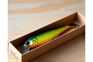 Ein Angelköder in einer biologisch abbaubaren, naturfarbenen Verpackung