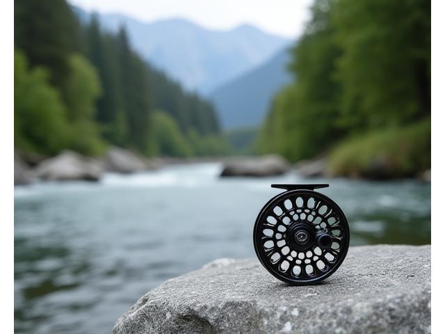 Moderne Fliegenrolle vor Bergkulisse