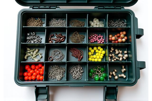 Geöffnete, gut organisierte Tackle-Box mit Zubehör