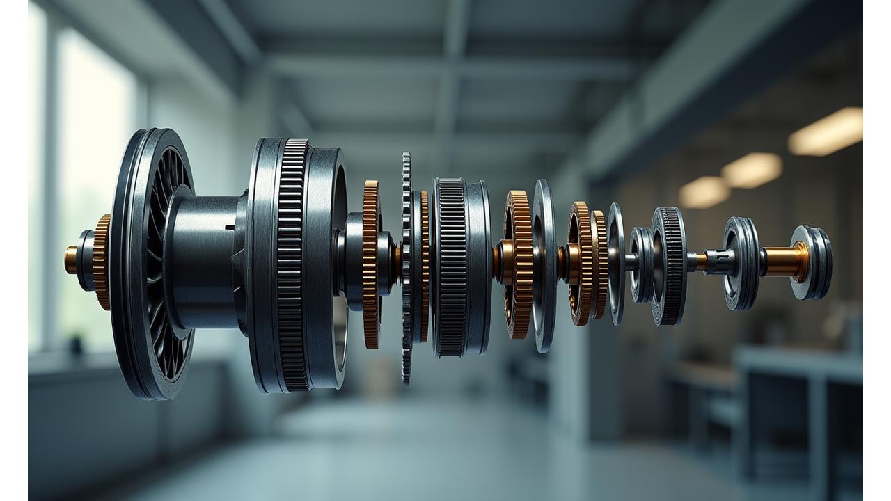 Explosionszeichnung einer Angelrolle, die Zahnräder und Kugellager zeigt