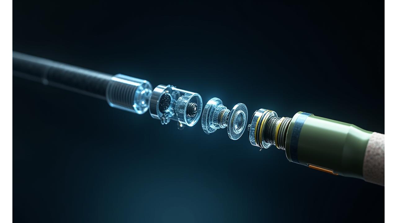 Schnittmodell einer Spinnrute, das Carbon-Blank, Ringe und Griffmaterialien zeigt