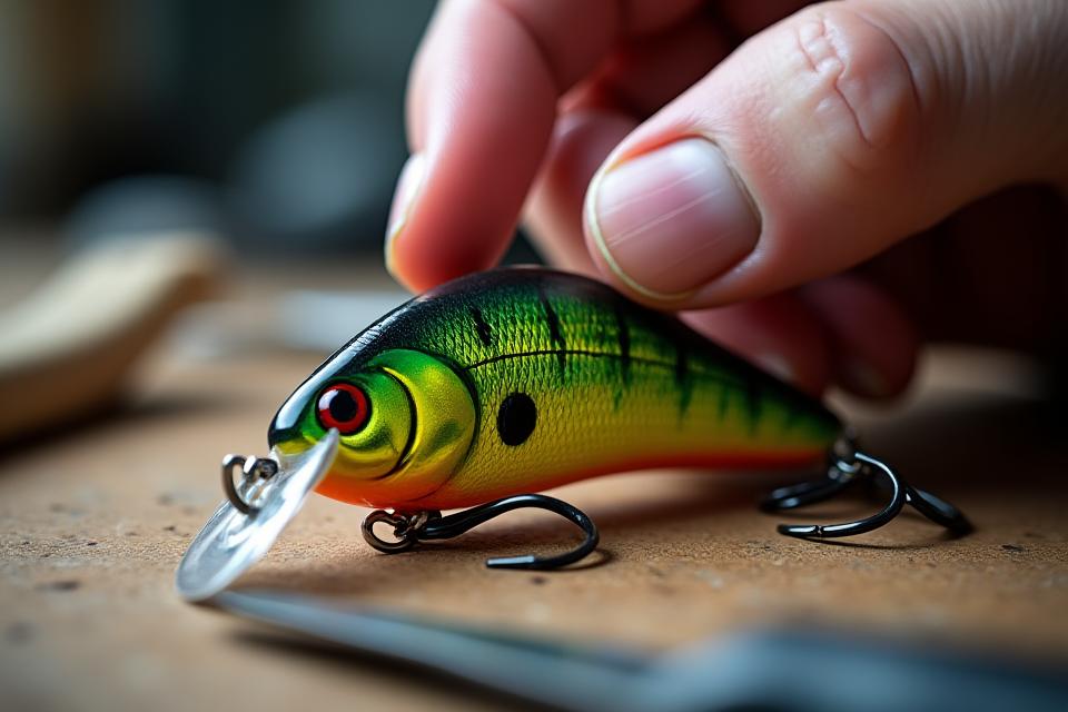 Detailansicht eines handgefertigten AlpenAngler Crankbaits mit Fertigungswerkzeugen im Hintergrund